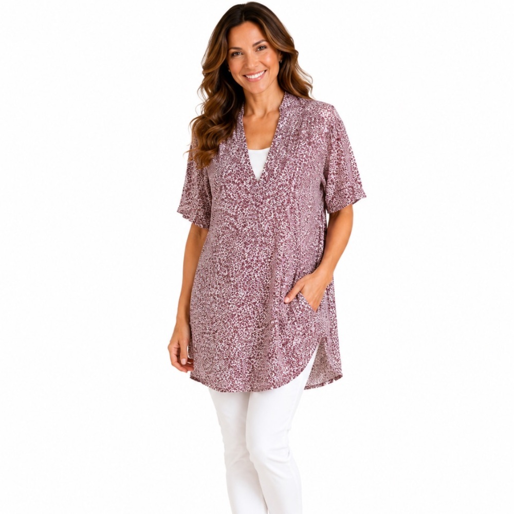 WISHLIST V-Neck Short Sleeve Tunic Top in Mauve Speckle Size Large